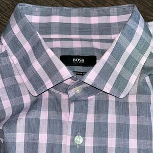 Hugo Boss Black Label Pink Gray Check Dress work shirt -46 euro Tessitura Monti